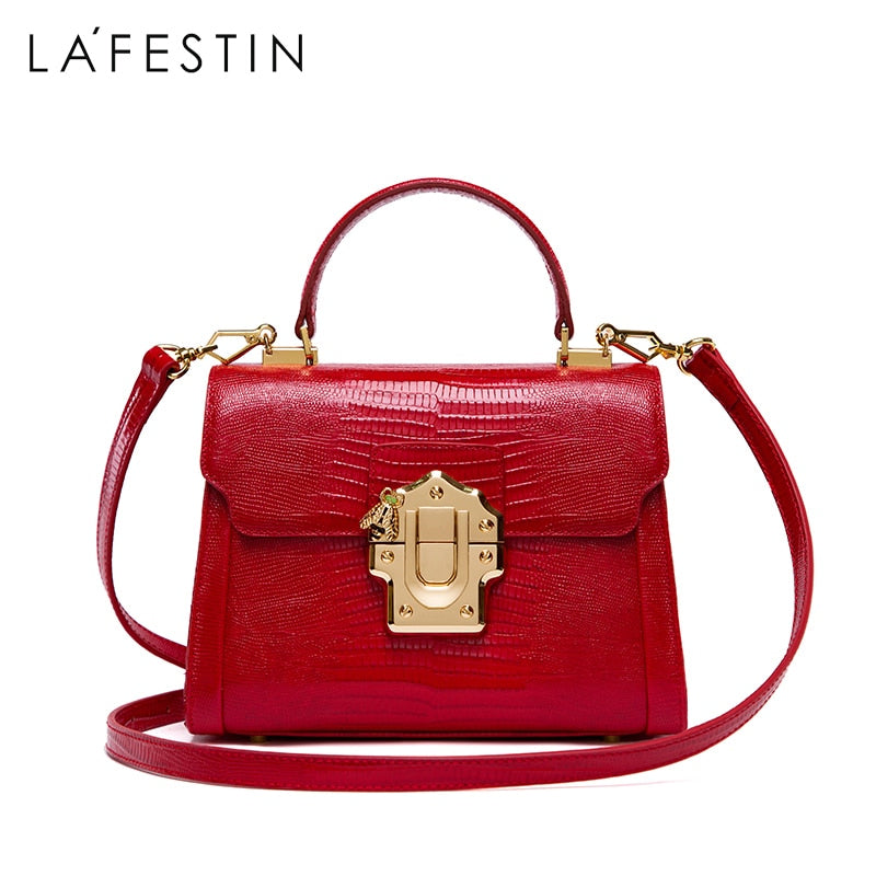 LA FESTIN Designer Serpentine Lock Handbag Split Leather