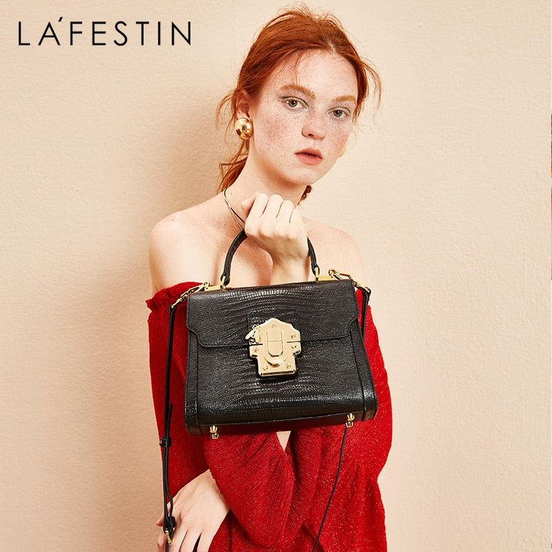 LA FESTIN Designer Serpentine Lock Handbag Split Leather