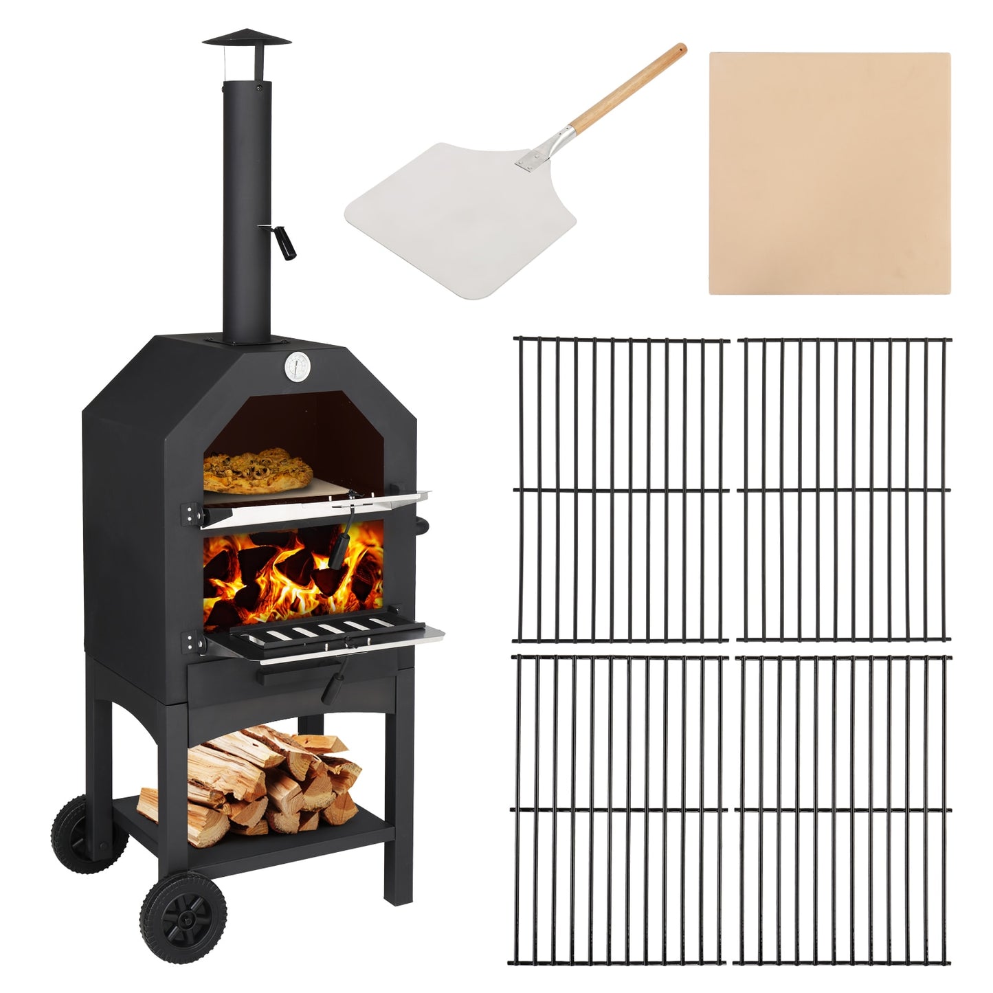 Outdoor Wood Fired Pizza Oven with Pizza Stone, Grill Rack, and Waterproof Cover