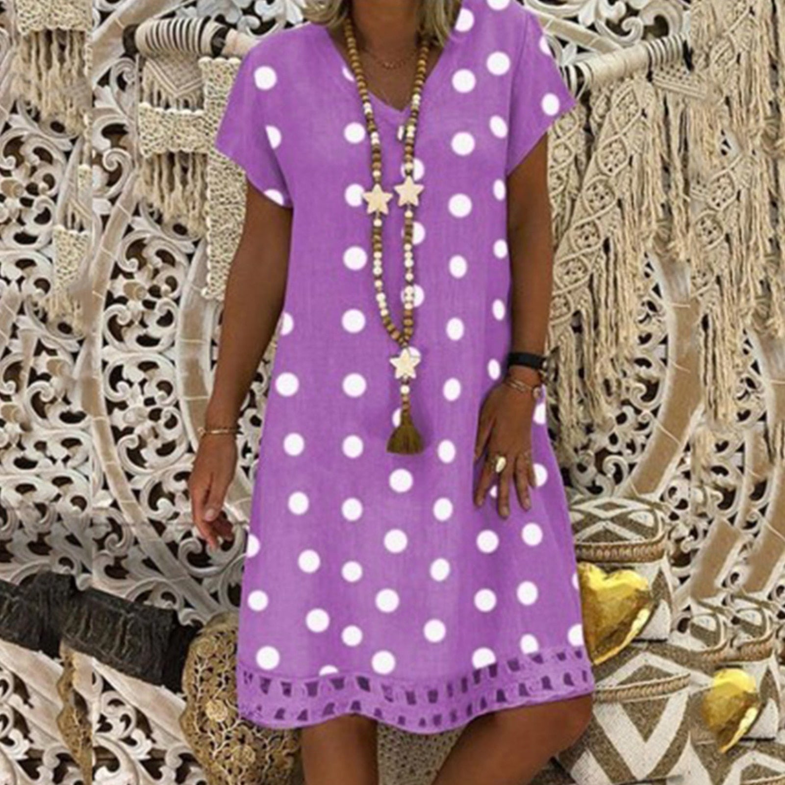 Summer Retro Polka Dot Short-sleeve V-neck Casual Dress - janceysfanceys