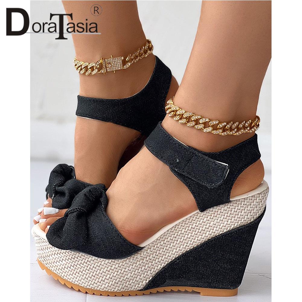 Ladies Platform Denim Sandals Fashion Bow - janceysfanceys