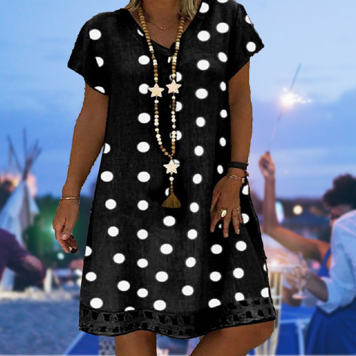 Summer Retro Polka Dot Short-sleeve V-neck Casual Dress - janceysfanceys