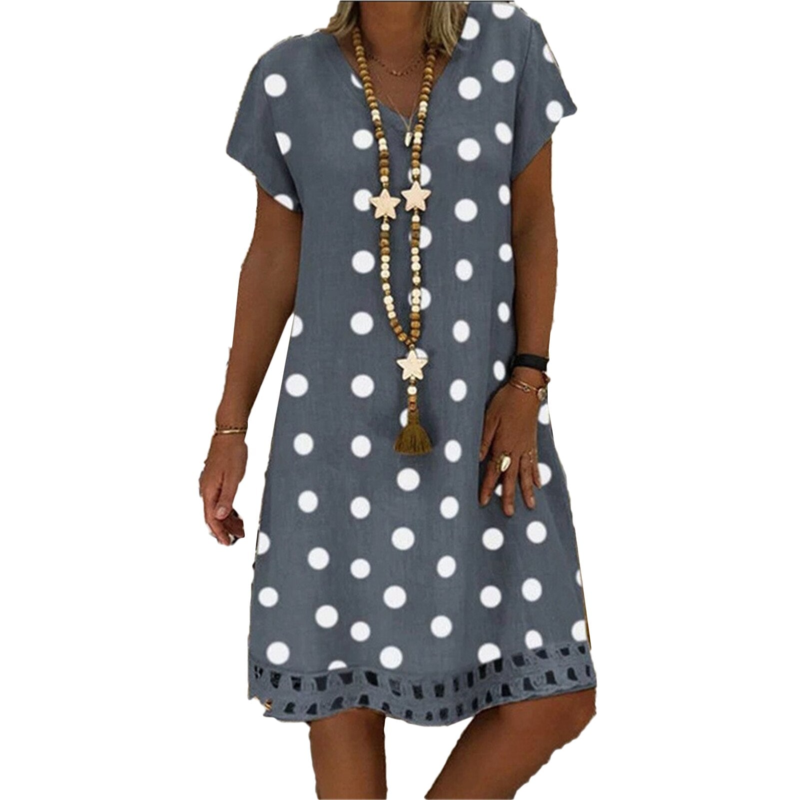 Summer Retro Polka Dot Short-sleeve V-neck Casual Dress - janceysfanceys