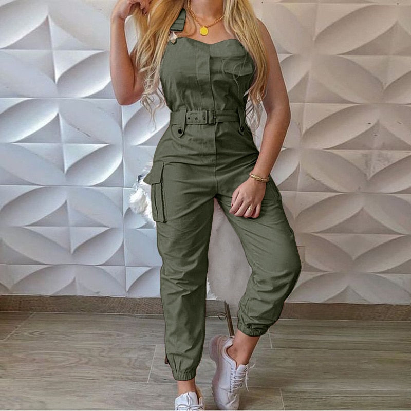 Leisure Frock Jumpsuit Belt Sleeveless Bib Pants