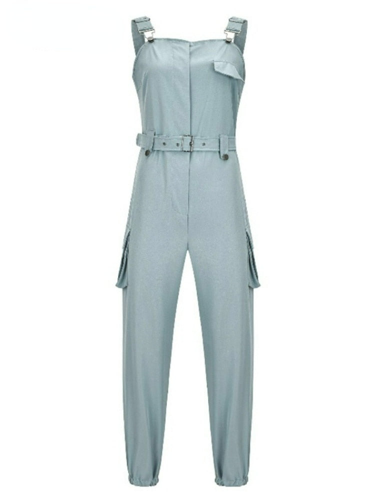 Leisure Frock Jumpsuit Belt Sleeveless Bib Pants