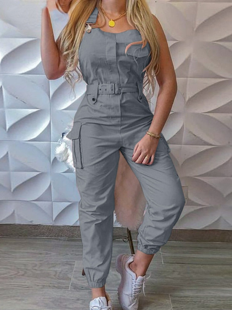 Leisure Frock Jumpsuit Belt Sleeveless Bib Pants