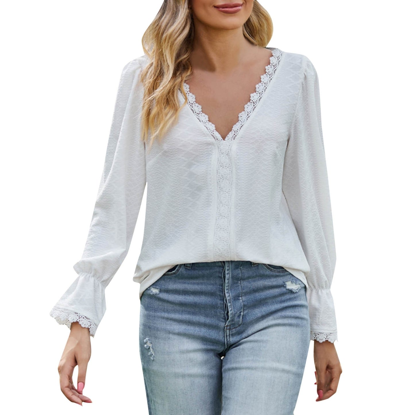 Ladies Elegant V Neck Lace Jacquard Shirt