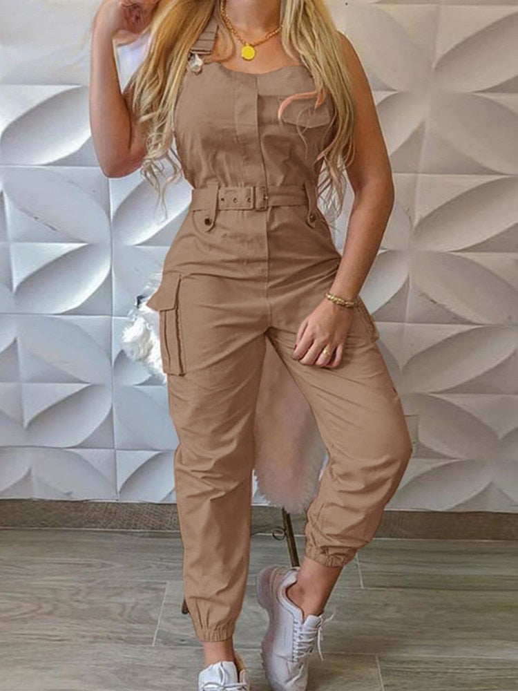 Leisure Frock Jumpsuit Belt Sleeveless Bib Pants