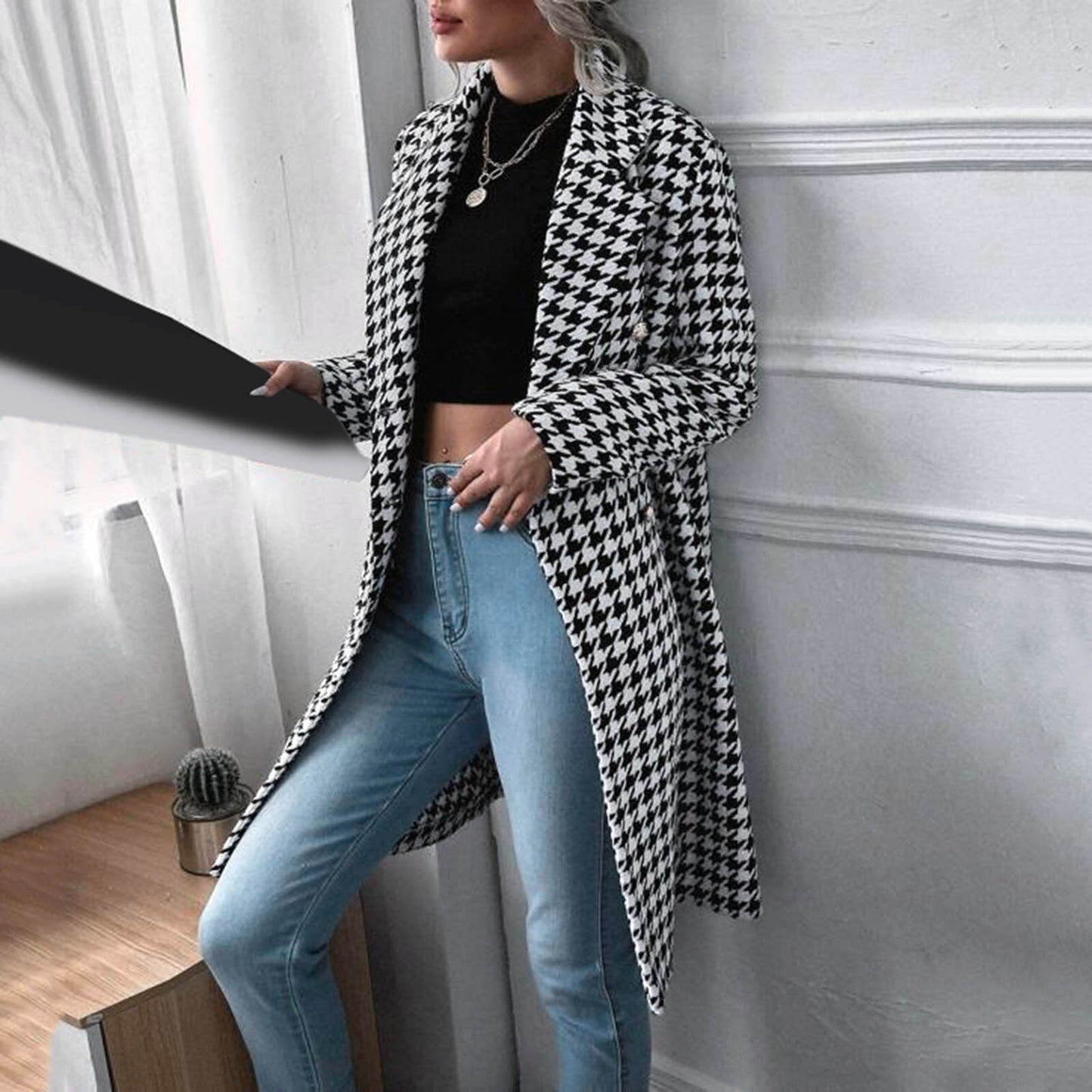 Ladies Autumn Long Sleeve Plaid Double Breasted Jacket