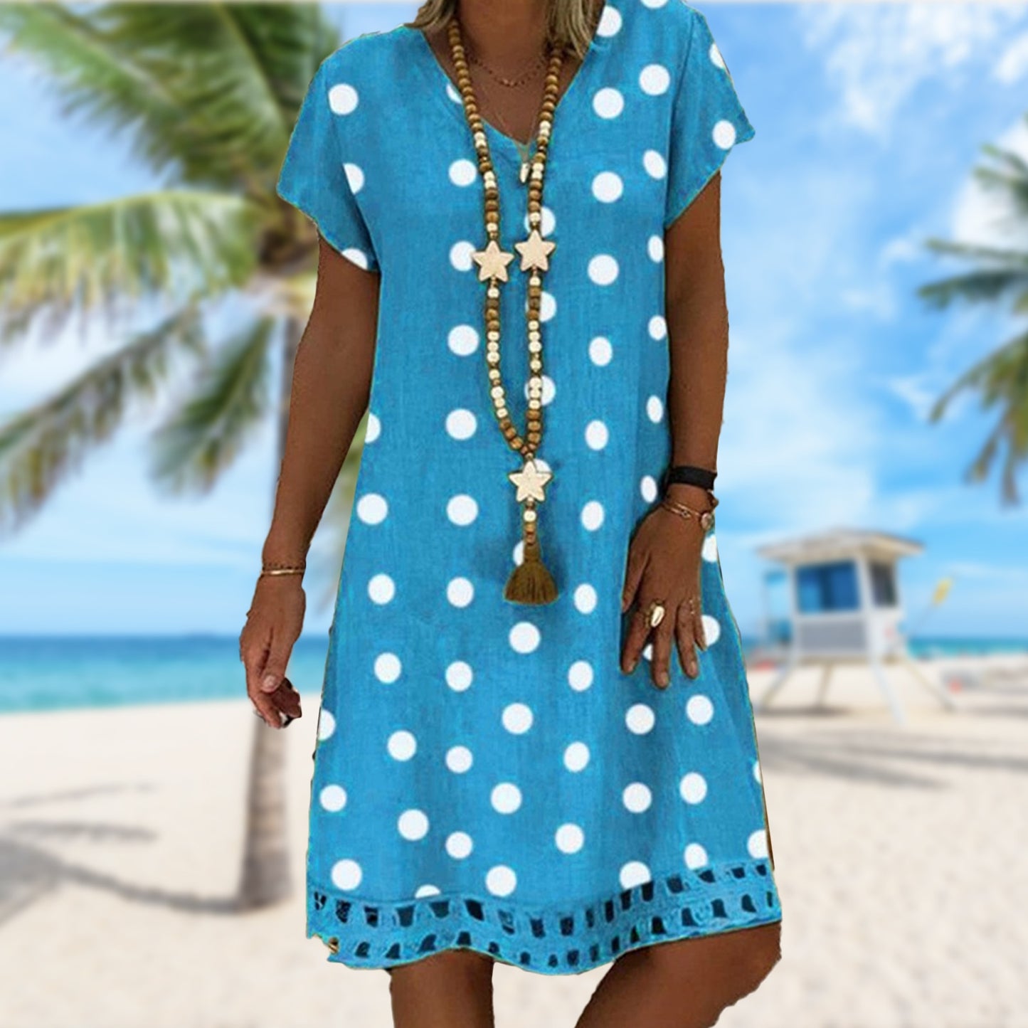 Summer Retro Polka Dot Short-sleeve V-neck Casual Dress - janceysfanceys