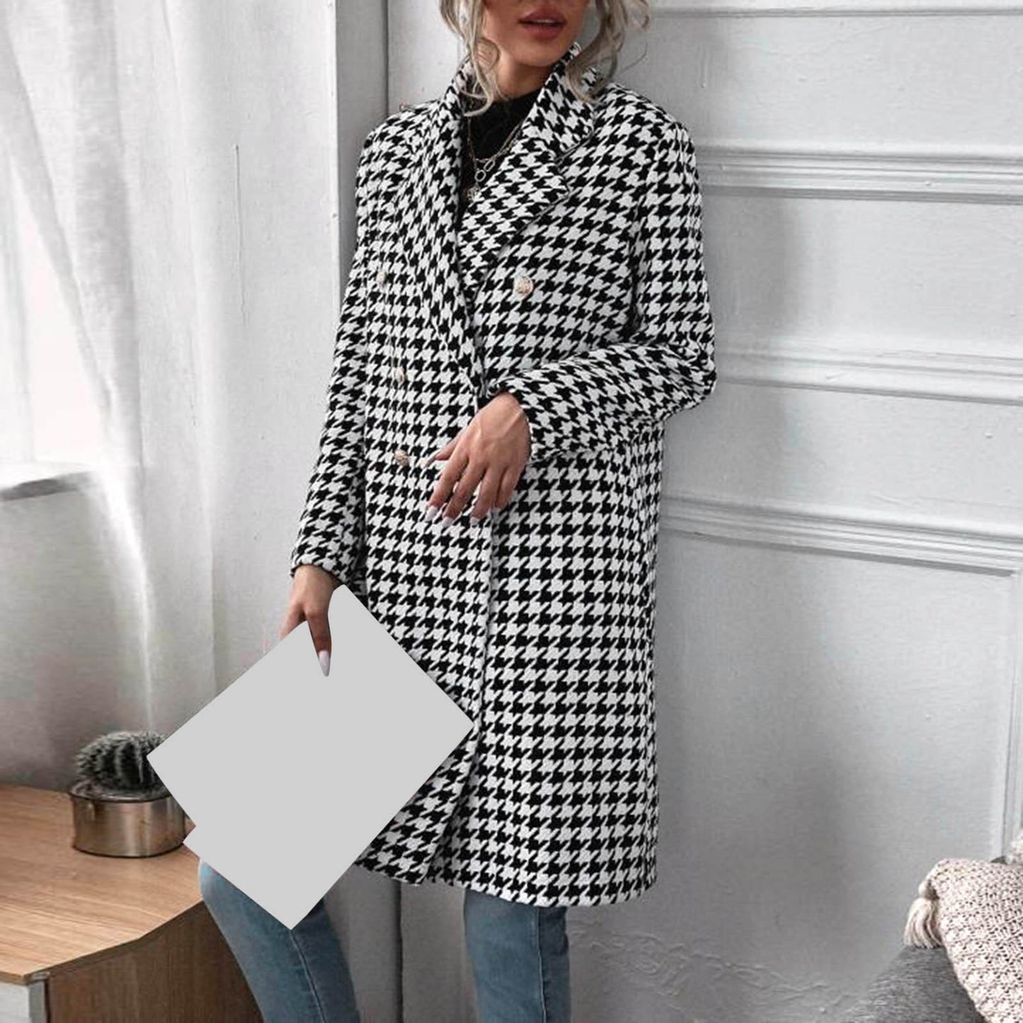 Ladies Autumn Long Sleeve Plaid Double Breasted Jacket