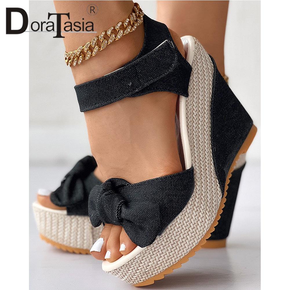 Ladies Platform Denim Sandals Fashion Bow - janceysfanceys