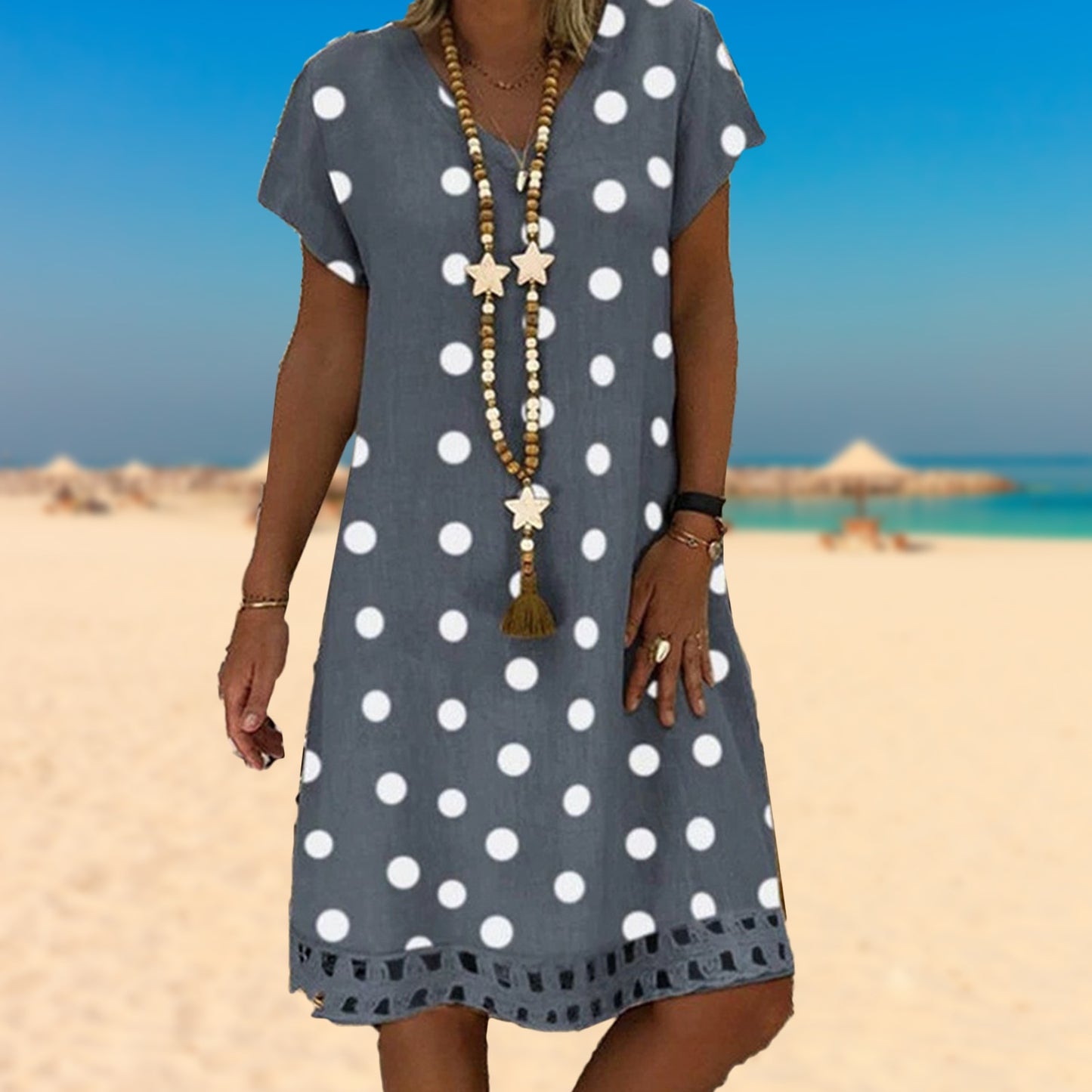 Summer Retro Polka Dot Short-sleeve V-neck Casual Dress - janceysfanceys