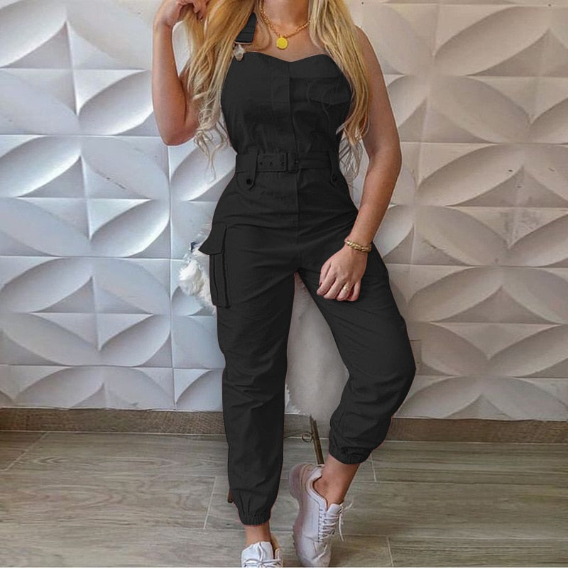 Leisure Frock Jumpsuit Belt Sleeveless Bib Pants