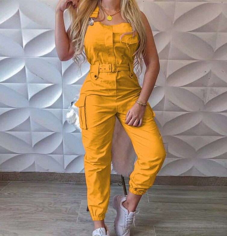 Leisure Frock Jumpsuit Belt Sleeveless Bib Pants