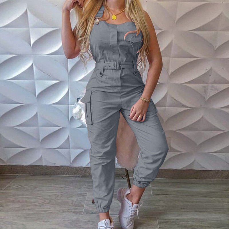 Leisure Frock Jumpsuit Belt Sleeveless Bib Pants