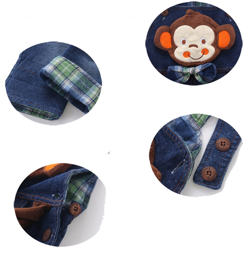 KIDSCOOL SPACE Toddler Boy Girl Jean Overalls Denim 3D Monkey - janceysfanceys