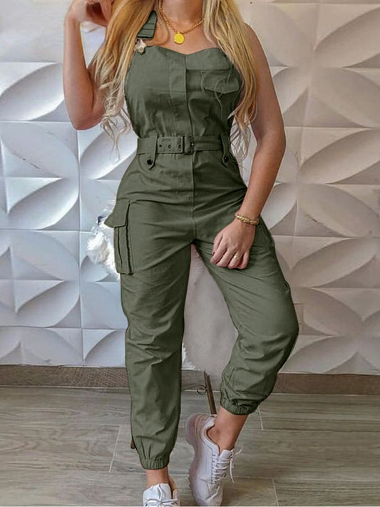 Leisure Frock Jumpsuit Belt Sleeveless Bib Pants