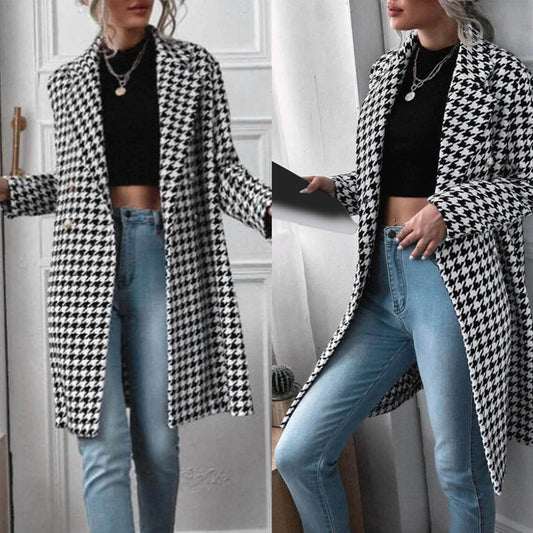 Ladies Autumn Long Sleeve Plaid Double Breasted Jacket