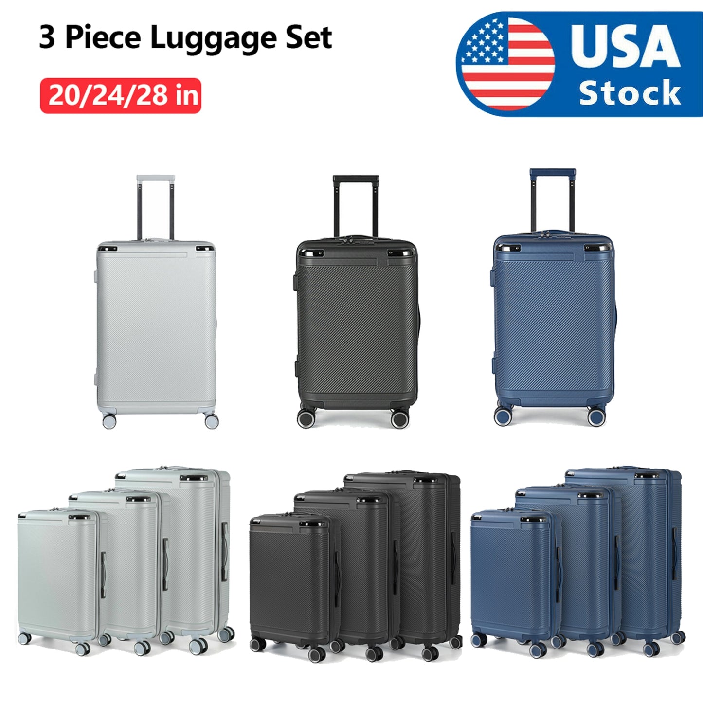 3Pcs Luggage Set (20/24/28 Inch) Hardside Luggage with Spinner Wheels