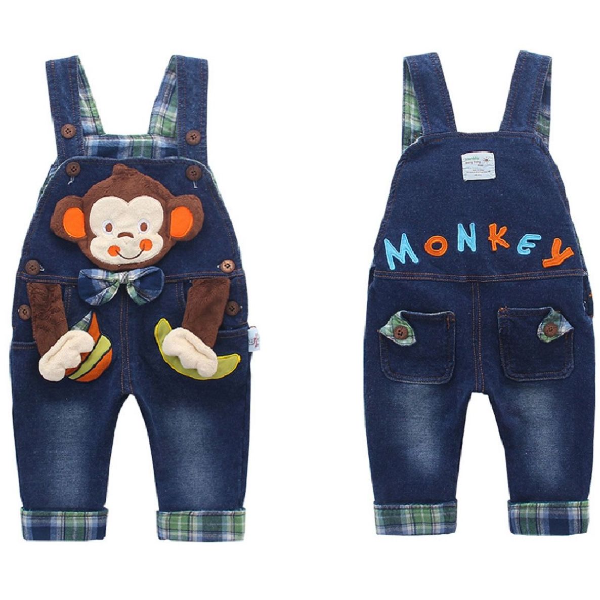 KIDSCOOL SPACE Toddler Boy Girl Jean Overalls Denim 3D Monkey - janceysfanceys